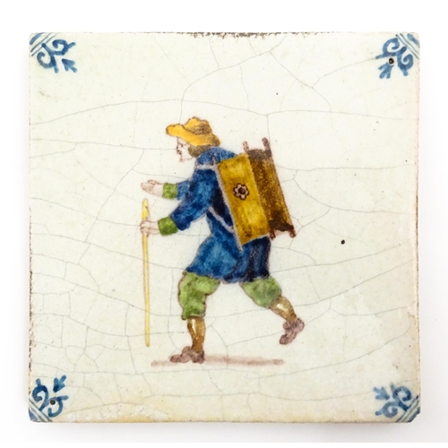 119 - Three Delft faience tiles with figural detail representing trades, to include farm worker, merchant,... 