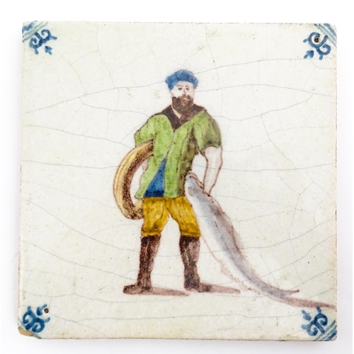 119 - Three Delft faience tiles with figural detail representing trades, to include farm worker, merchant,... 