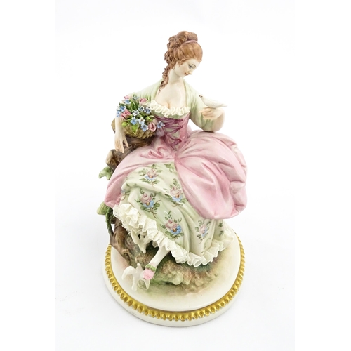 123 - An Italian Capodimonte figure depicting a seated lady with birds, by Giuseppe Cappe. With hand paint... 