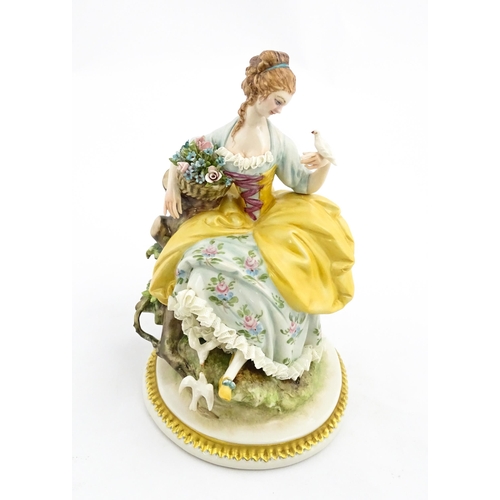 124 - An Italian Capodimonte figure depicting a seated lady with birds, by Giuseppe Cappe. With hand paint... 