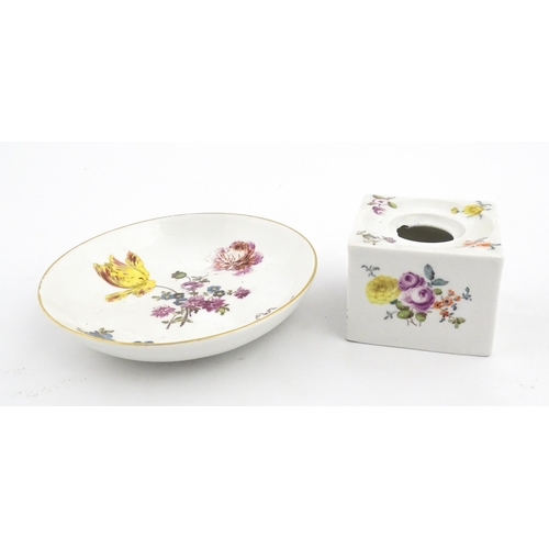 126 - Two German porcelain items comprising an inkwell of squared form with hand painted floral decoration... 