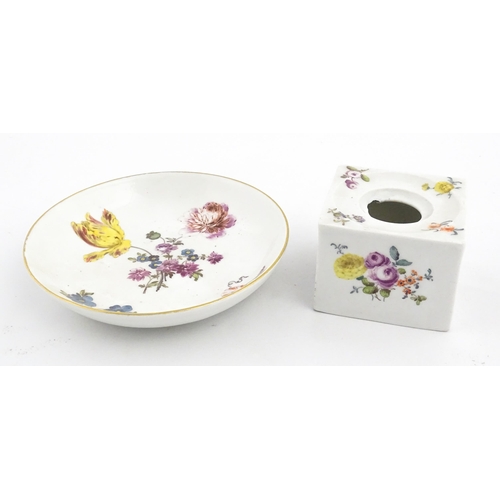 126 - Two German porcelain items comprising an inkwell of squared form with hand painted floral decoration... 