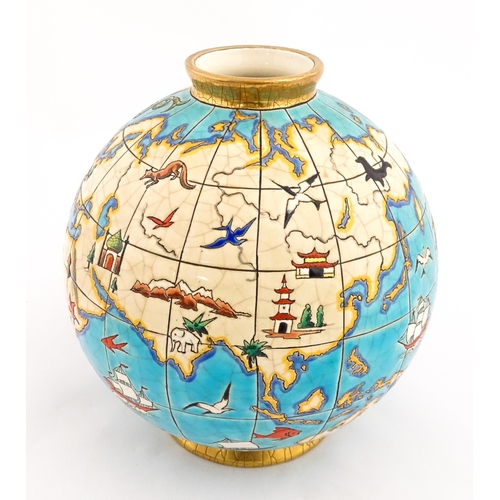 129 - A Longwy Boule Coloniale Mappemonde world map / globe vase designed by Maurice Paul Chevallier. Appr... 