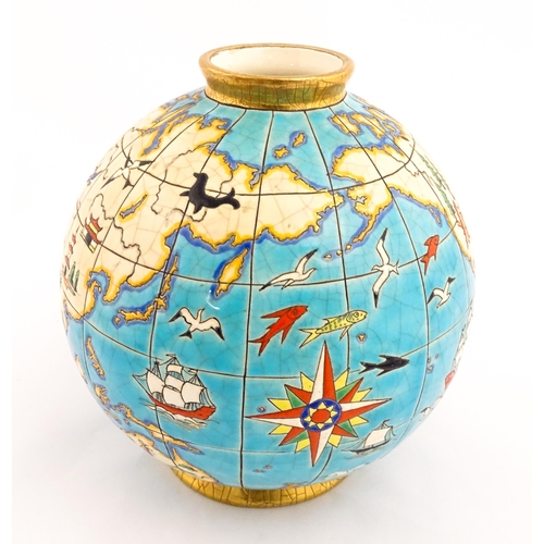 129 - A Longwy Boule Coloniale Mappemonde world map / globe vase designed by Maurice Paul Chevallier. Appr... 