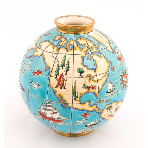 129 - A Longwy Boule Coloniale Mappemonde world map / globe vase designed by Maurice Paul Chevallier. Appr... 