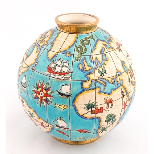 129 - A Longwy Boule Coloniale Mappemonde world map / globe vase designed by Maurice Paul Chevallier. Appr... 