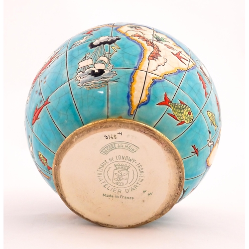 129 - A Longwy Boule Coloniale Mappemonde world map / globe vase designed by Maurice Paul Chevallier. Appr... 