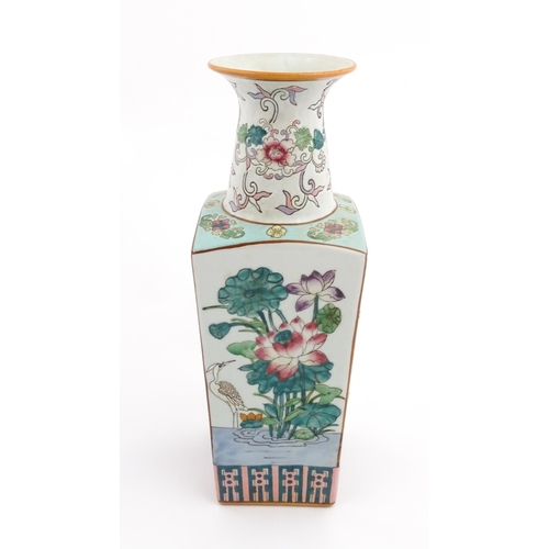 1 - A Chinese famille rose vase of squared form decorated with flowers, foliage and birds. Character mar... 