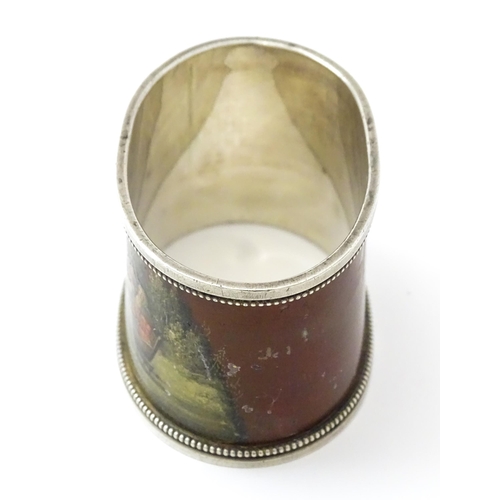 347 - A Russian silver napkin ring with lacquered and hand painted decoration depicting figures in a troik... 