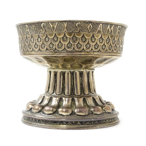 359 - A silver replica of the Tudor cup (Holms cup) of font shape with raised and chased repousse circular... 