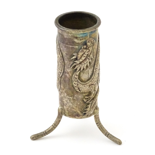 362 - A late 19th / early 20thC Chinese export silver bud vase with relief dragon decoration, maker Wang H... 