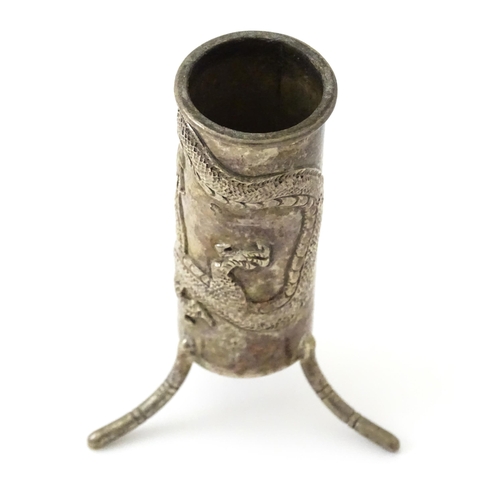 362 - A late 19th / early 20thC Chinese export silver bud vase with relief dragon decoration, maker Wang H... 