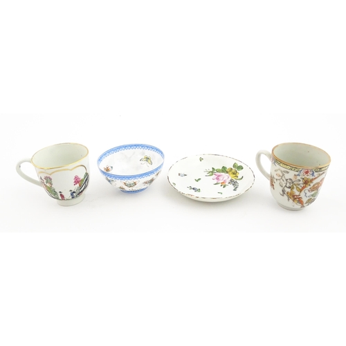 48 - Four Chinese items to include a tea bowl decorated with butterflies, a saucer with hand painted flor... 