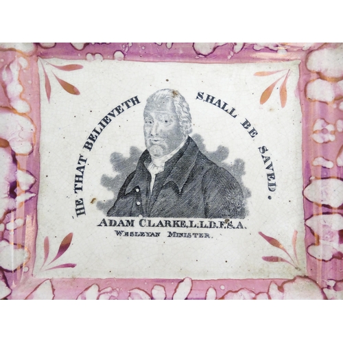 55 - A 19thC Sunderland lustre wall plaque of rectangular form depicting Adam Clarke, Wesleyan Minister w... 