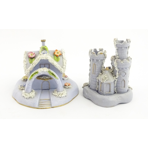 58 - Two 19thC lilac pastille burners, one modelled as a castle with castellated turrets, the other model... 