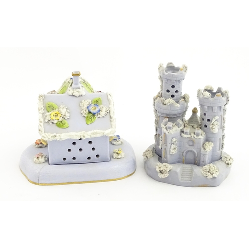 58 - Two 19thC lilac pastille burners, one modelled as a castle with castellated turrets, the other model... 