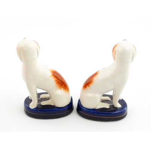 60 - A pair of Staffordshire pottery seated dogs with gilt collar and chain detail. Approx. 4 3/4