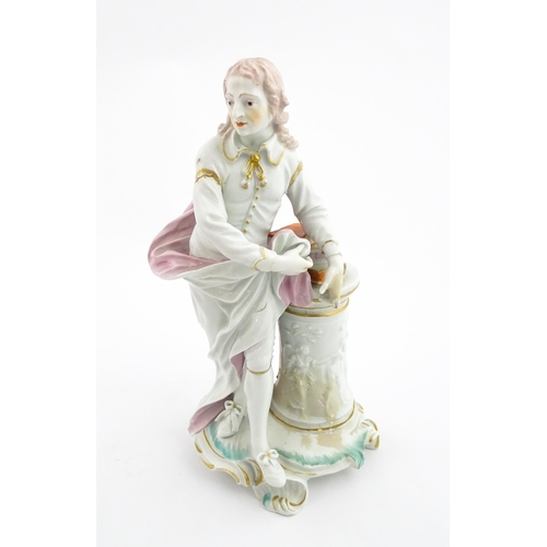 62 - A Derby porcelain figure modelled as John Milton resting against a pedestal moulded with the judgeme... 