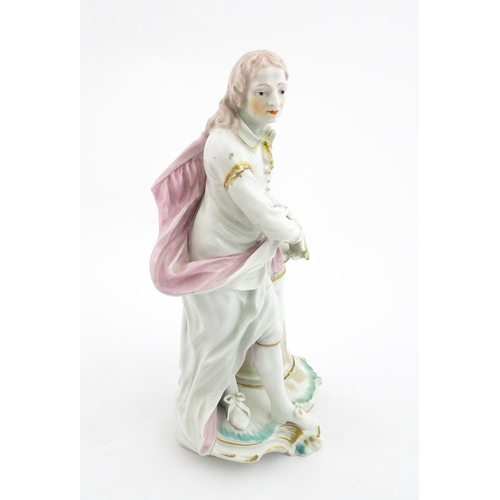 62 - A Derby porcelain figure modelled as John Milton resting against a pedestal moulded with the judgeme... 