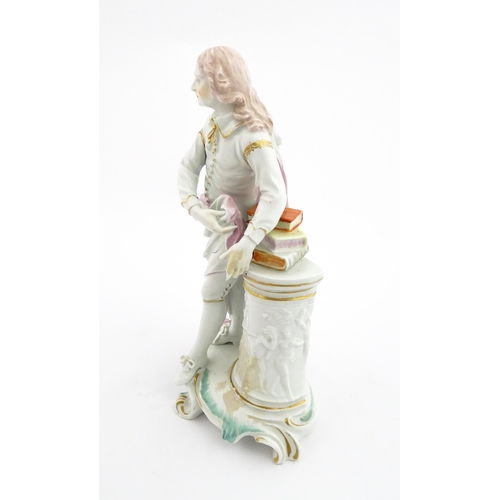 62 - A Derby porcelain figure modelled as John Milton resting against a pedestal moulded with the judgeme... 