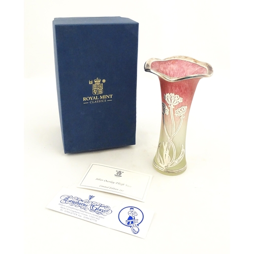 298 - A Royal Mint limited edition Laugharne glass vase with floral silver overlay decoration. Boxed, limi... 