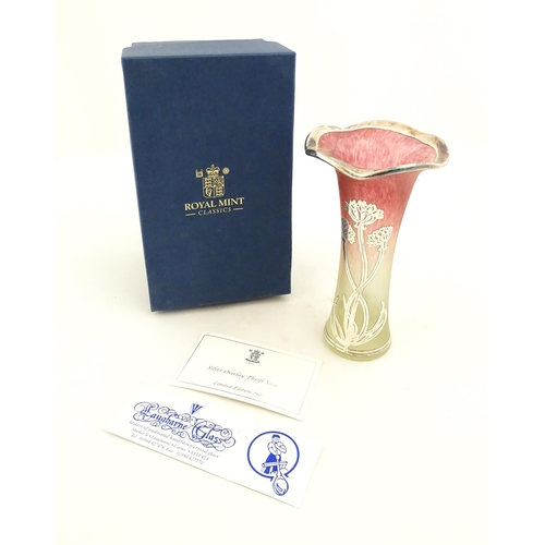 298 - A Royal Mint limited edition Laugharne glass vase with floral silver overlay decoration. Boxed, limi... 