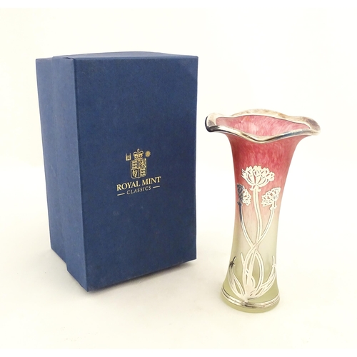 298 - A Royal Mint limited edition Laugharne glass vase with floral silver overlay decoration. Boxed, limi... 