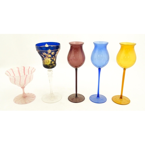 299 - Assorted pedestal glassware to include a Murano latticino glass with pink and white detail, etc. Lar... 