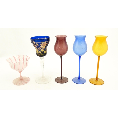 299 - Assorted pedestal glassware to include a Murano latticino glass with pink and white detail, etc. Lar... 