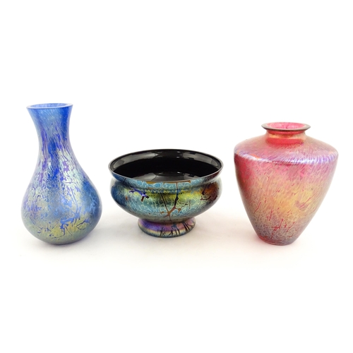 300 - Three Royal Brierley studio glass items comprising two vases and a bowl. Largest approx. 9 1/4