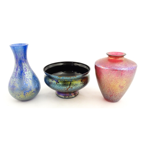 300 - Three Royal Brierley studio glass items comprising two vases and a bowl. Largest approx. 9 1/4