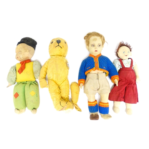 1182 - Toys: Four assorted 20thC toys to include an early 20thC Continental Lenci style felt cloth doll mod... 