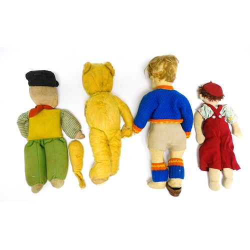 1182 - Toys: Four assorted 20thC toys to include an early 20thC Continental Lenci style felt cloth doll mod... 