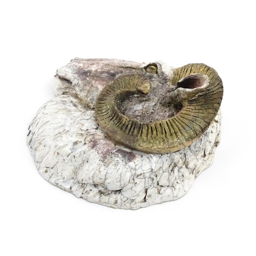 176 - A Sallie Wakley (b. 1967) studio pottery wall hanging plaque modelled as the head of a ram. Signed a... 