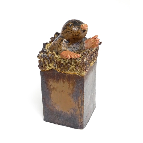 179 - A studio pottery box and cover of rectangular form, the lid surmounted by a model of a mole emerging... 