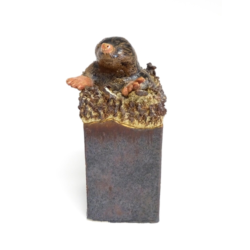 179 - A studio pottery box and cover of rectangular form, the lid surmounted by a model of a mole emerging... 