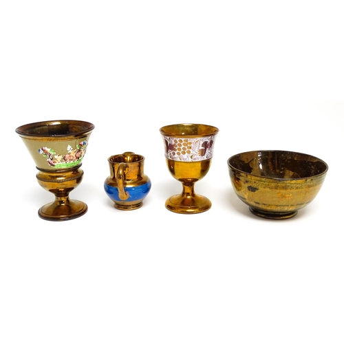 187 - Five copper lustre items to include goblets, jug, bowl, and a plate with rose detail marked Creigiau... 