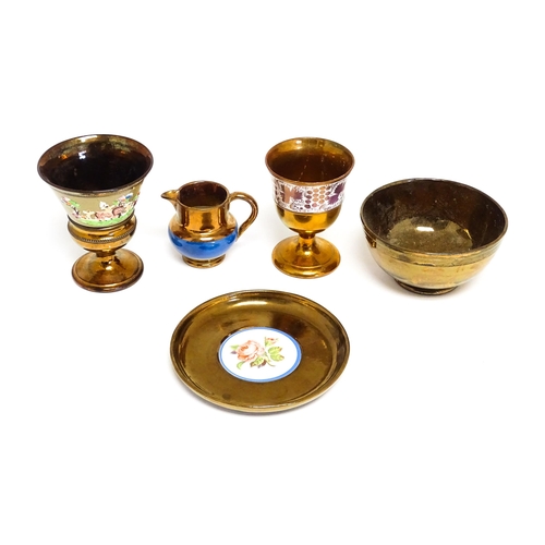 187 - Five copper lustre items to include goblets, jug, bowl, and a plate with rose detail marked Creigiau... 