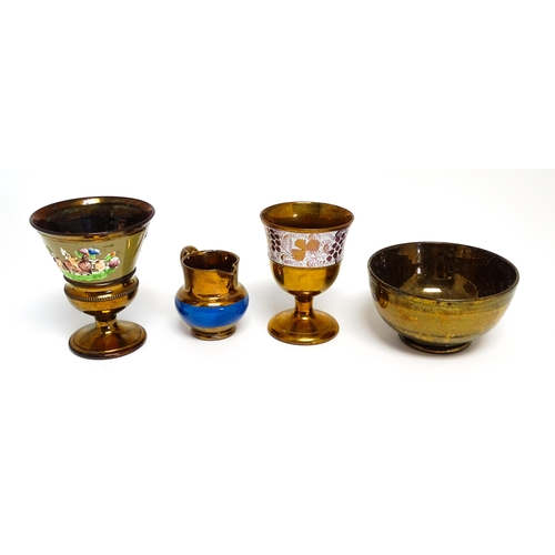 187 - Five copper lustre items to include goblets, jug, bowl, and a plate with rose detail marked Creigiau... 