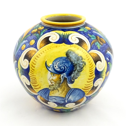 201 - A Sicilian maiolica Bombola vase decorated with the bust of a Roman soldier wearing armour and helme... 