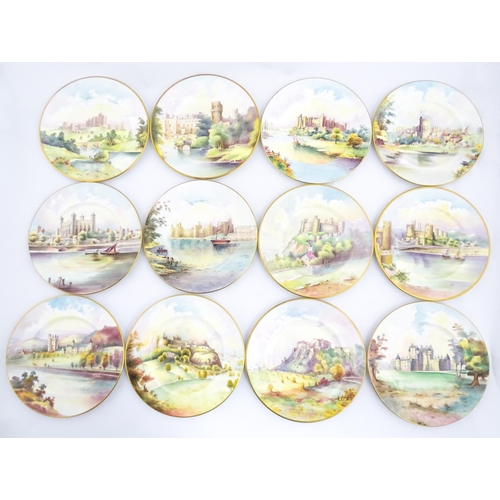 202 - A set of twelve Minton plates depicting castles of the United Kingdom to include Stirling Castle, Ed... 