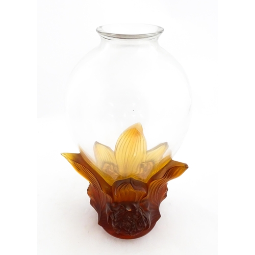 257 - A boxed limited edition Lalique Pivoines glass vase with high relief amber floral base. Limited edit... 