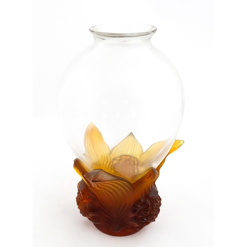 257 - A boxed limited edition Lalique Pivoines glass vase with high relief amber floral base. Limited edit... 