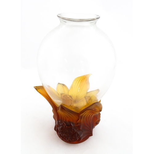 257 - A boxed limited edition Lalique Pivoines glass vase with high relief amber floral base. Limited edit... 