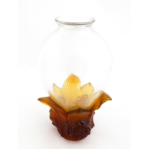 257 - A boxed limited edition Lalique Pivoines glass vase with high relief amber floral base. Limited edit... 