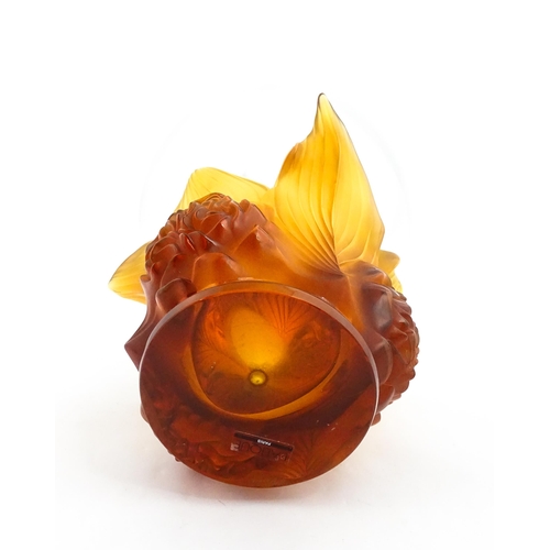 257 - A boxed limited edition Lalique Pivoines glass vase with high relief amber floral base. Limited edit... 