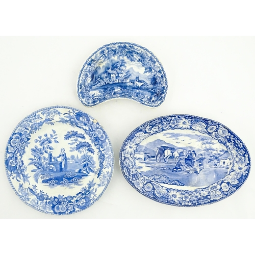 79 - Three items of blue and white comprising an oval plate marked Pratts Native Scenery, a crescent shap... 