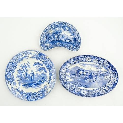 79 - Three items of blue and white comprising an oval plate marked Pratts Native Scenery, a crescent shap... 