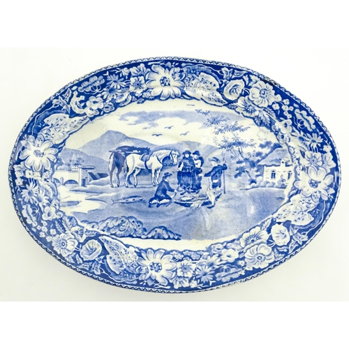 79 - Three items of blue and white comprising an oval plate marked Pratts Native Scenery, a crescent shap... 