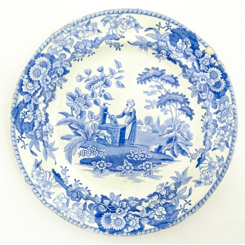 79 - Three items of blue and white comprising an oval plate marked Pratts Native Scenery, a crescent shap... 